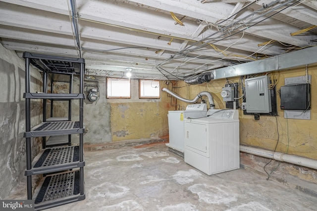 basement featuring washer and clothes dryer and electric panel