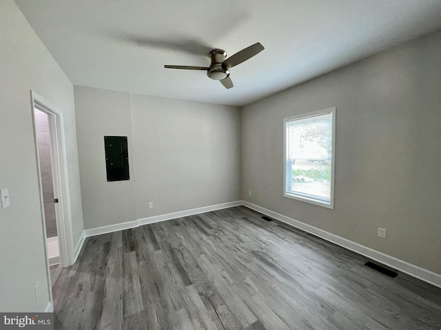 empty room featuring light wood-type flooring, electric panel, and ceiling fan