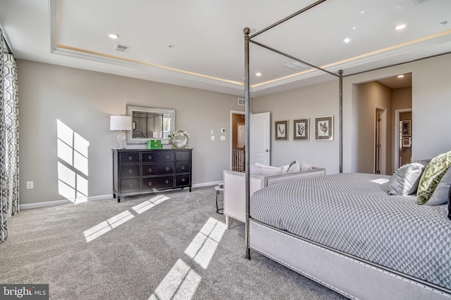 carpeted bedroom with a tray ceiling