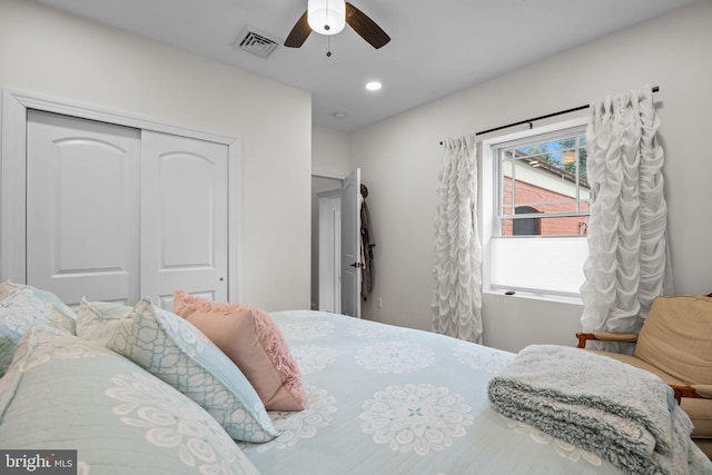 bedroom with a closet and ceiling fan