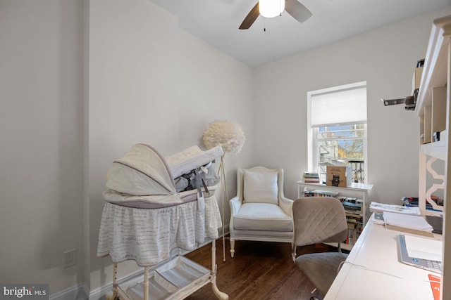 office featuring wood-type flooring and ceiling fan