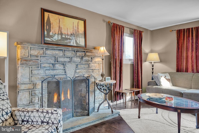 living room featuring hardwood / wood-style flooring and a stone fireplace