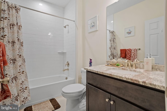 full bathroom with toilet, vanity, shower / bathtub combination with curtain, and tile patterned flooring