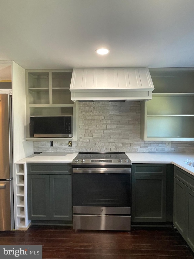 kitchen with stainless steel appliances, custom exhaust hood, dark wood-type flooring, and gray cabinetry