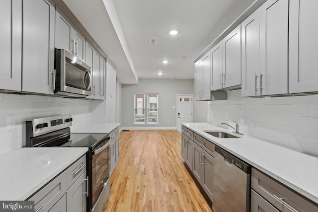 kitchen with decorative backsplash, gray cabinets, sink, and stainless steel appliances