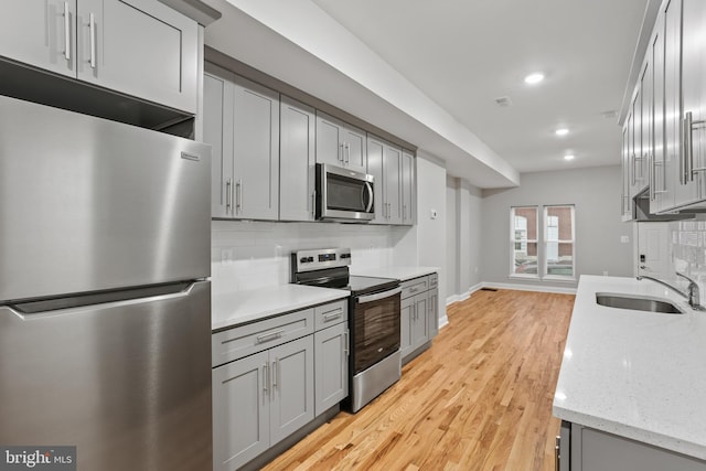 kitchen with sink, backsplash, light hardwood / wood-style floors, gray cabinets, and appliances with stainless steel finishes