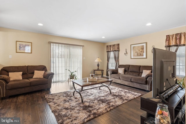 living room featuring a wealth of natural light and dark wood-type flooring