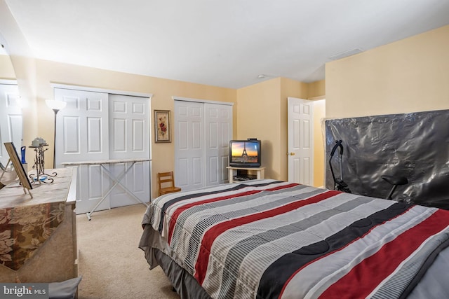 bedroom with two closets and light colored carpet