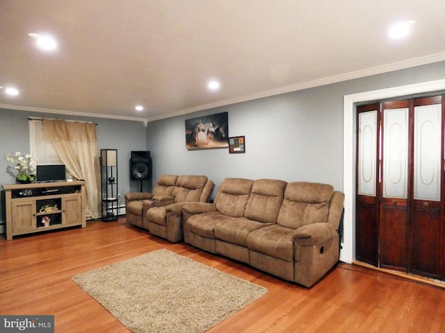 living room featuring wood-type flooring and crown molding