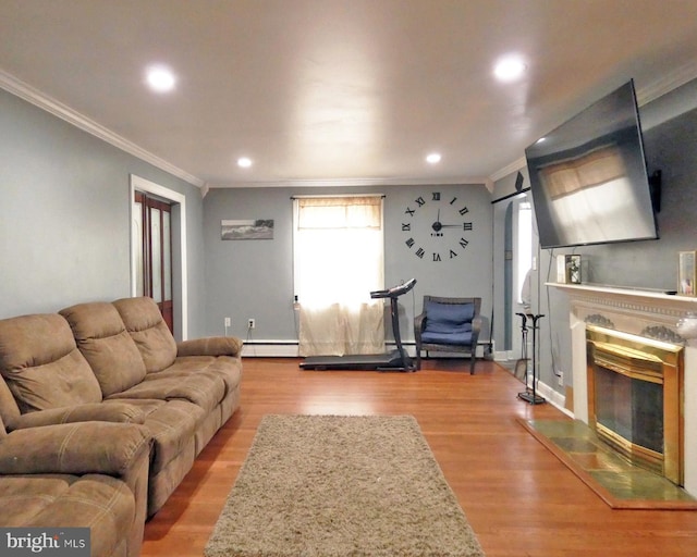 living room with a baseboard heating unit, crown molding, and hardwood / wood-style flooring