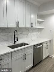 kitchen featuring sink, white cabinets, hardwood / wood-style flooring, and dishwasher