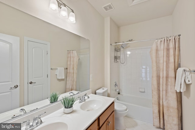 full bathroom with toilet, vanity, and shower / tub combo with curtain