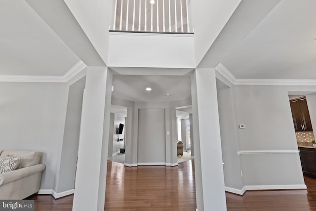 foyer featuring dark wood-type flooring and ornamental molding