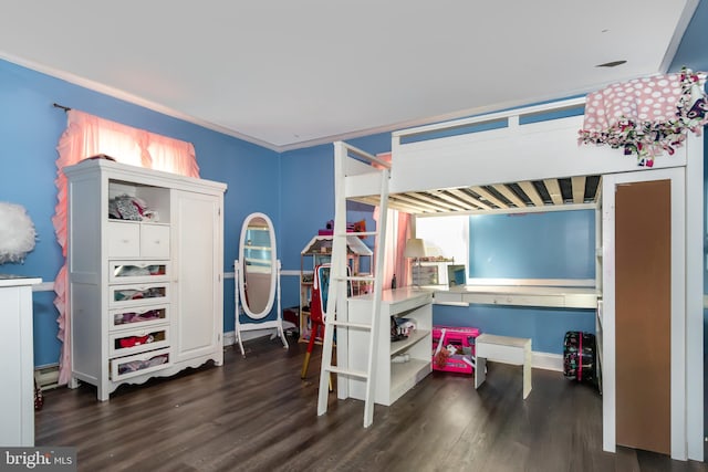 bedroom featuring dark wood-type flooring, baseboard heating, and multiple windows