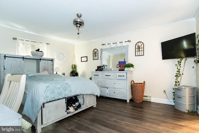 bedroom with ceiling fan, ornamental molding, and dark hardwood / wood-style floors