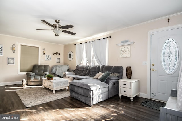 living room featuring ceiling fan, dark hardwood / wood-style floors, and ornamental molding