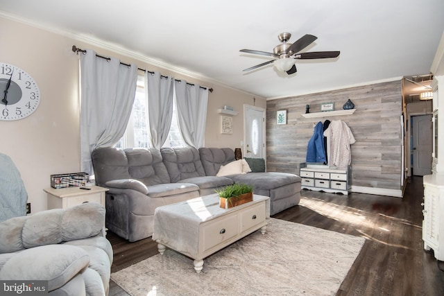 living room with ceiling fan, dark hardwood / wood-style flooring, wooden walls, and ornamental molding