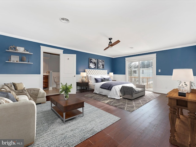 bedroom featuring ceiling fan, ornamental molding, dark hardwood / wood-style floors, and access to outside