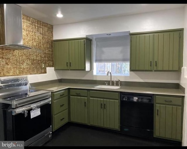 kitchen with dishwasher, stainless steel electric stove, and green cabinets