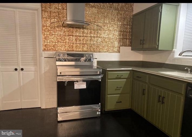 kitchen with electric range, wall chimney range hood, sink, and green cabinets