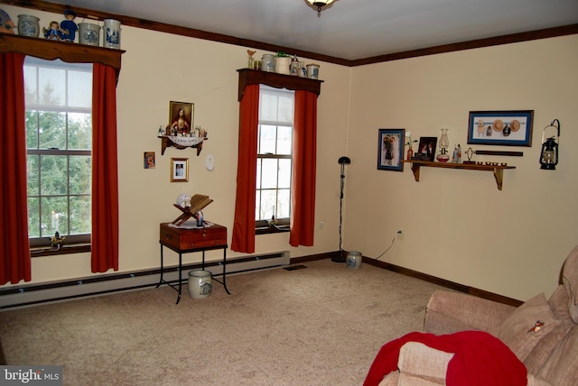 living area featuring crown molding, plenty of natural light, baseboard heating, and carpet