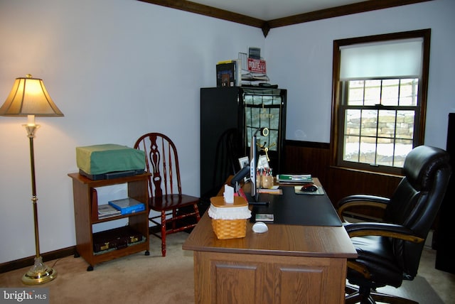 carpeted office space with ornamental molding