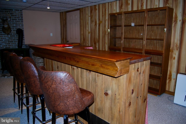 bar with a paneled ceiling, carpet flooring, and wood walls