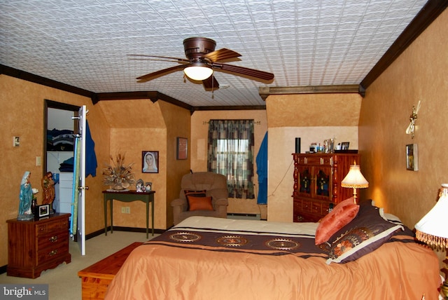 carpeted bedroom featuring ornamental molding, ceiling fan, and baseboard heating