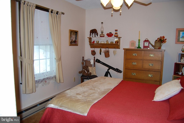 bedroom featuring ceiling fan and baseboard heating