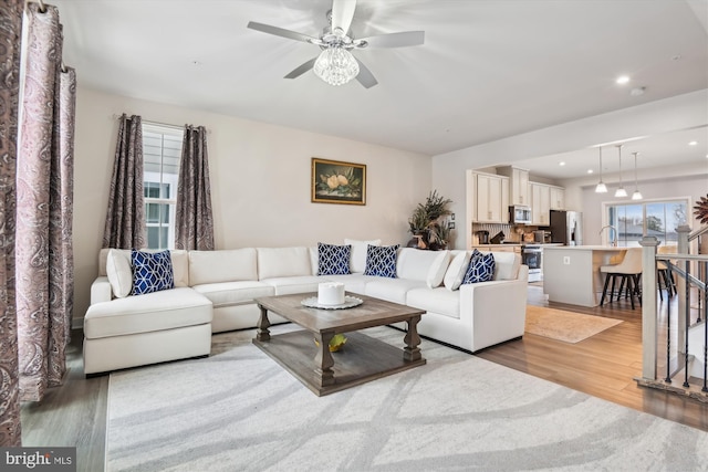 living room featuring ceiling fan, sink, and wood-type flooring