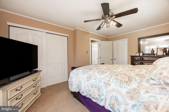 bedroom featuring ceiling fan, light colored carpet, and ornamental molding