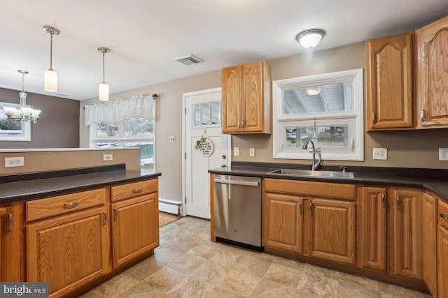 kitchen with baseboard heating, sink, a notable chandelier, dishwasher, and hanging light fixtures