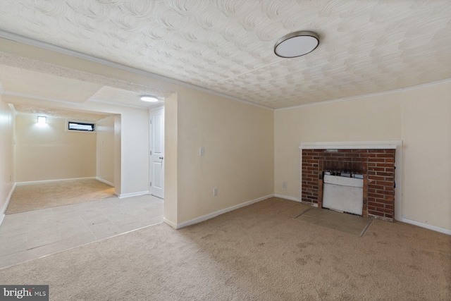 unfurnished living room featuring crown molding, light colored carpet, a textured ceiling, and a brick fireplace