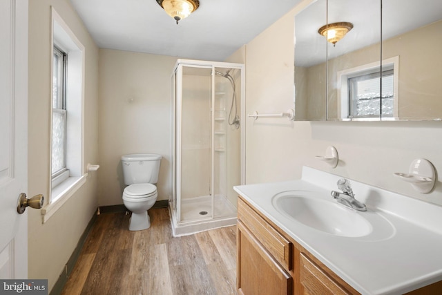 bathroom with vanity, hardwood / wood-style flooring, toilet, and walk in shower