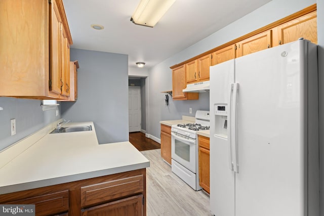 kitchen with light hardwood / wood-style floors, white appliances, and sink