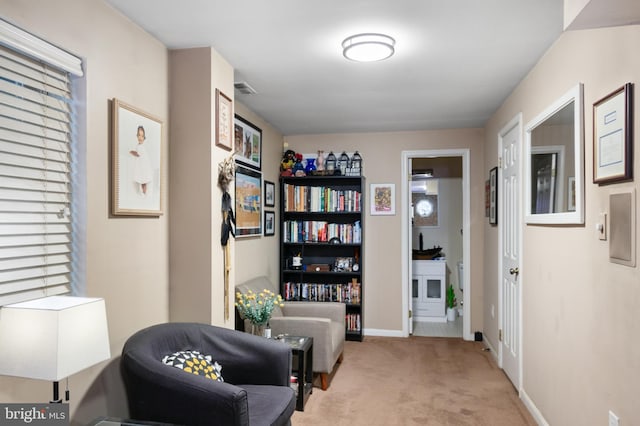 sitting room with light colored carpet