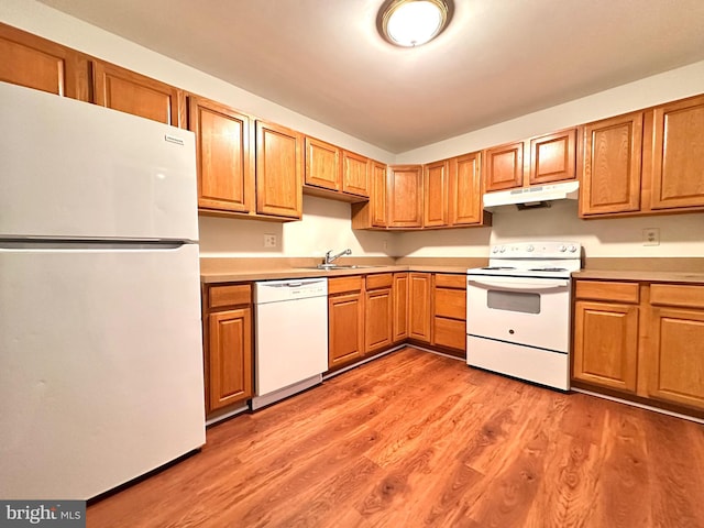 kitchen featuring white appliances, light wood-type flooring, and sink