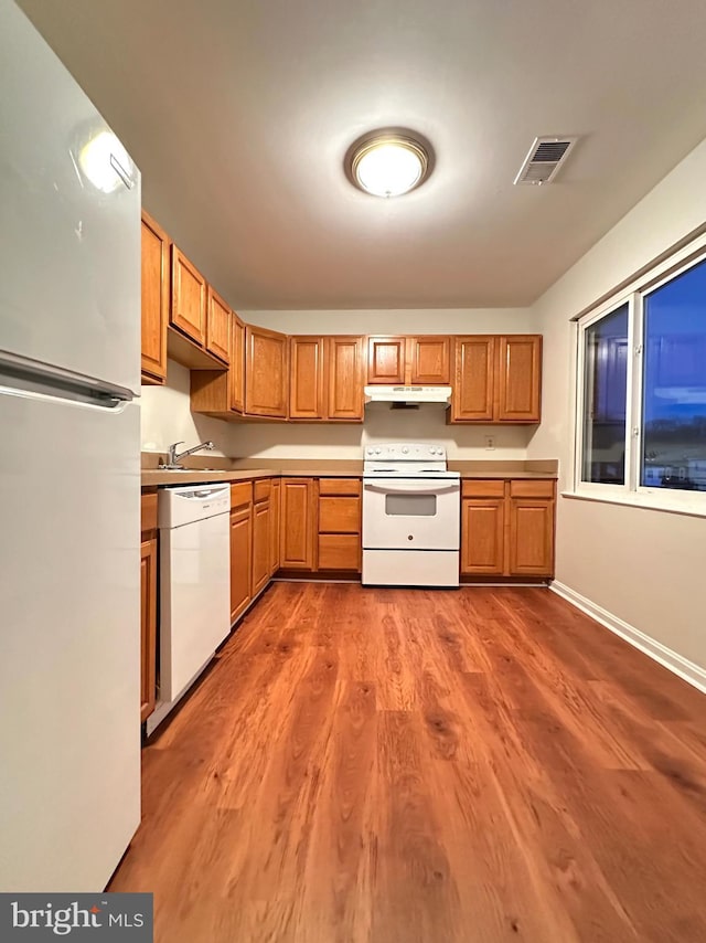 kitchen with white appliances and hardwood / wood-style floors