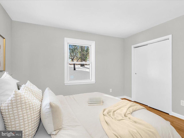 bedroom with wood-type flooring and a closet