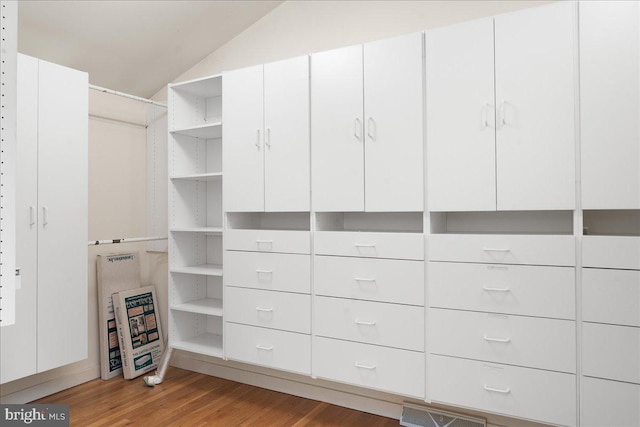 spacious closet with lofted ceiling and light hardwood / wood-style flooring