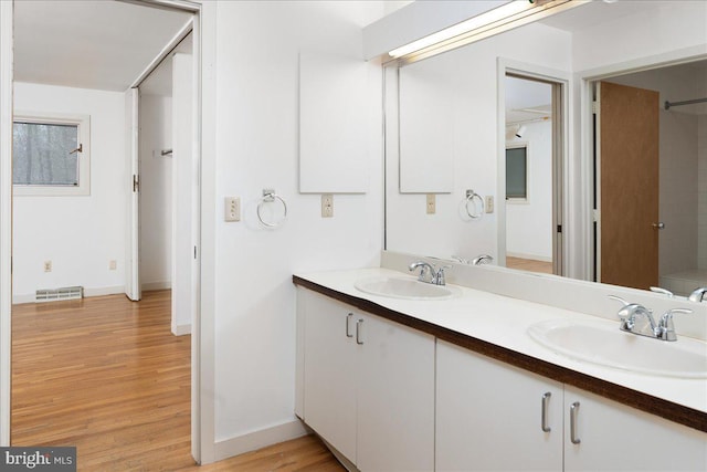 bathroom with vanity and wood-type flooring