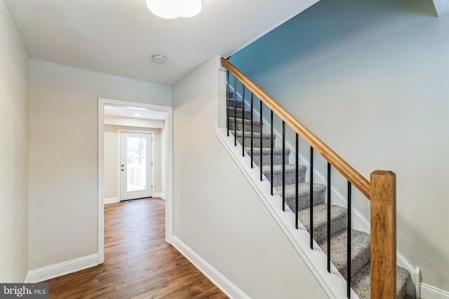 stairway with hardwood / wood-style floors