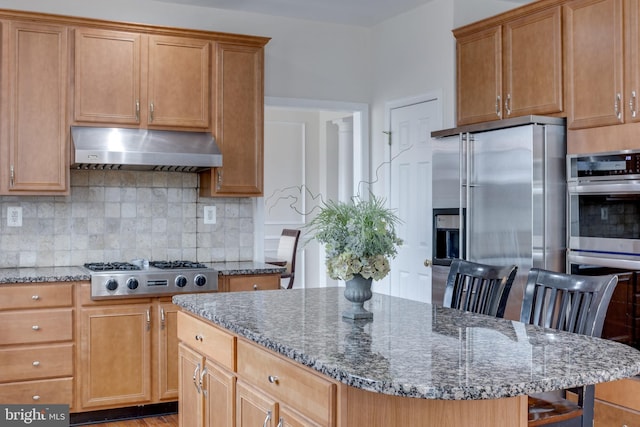 kitchen with dark stone countertops, ventilation hood, backsplash, and stainless steel appliances