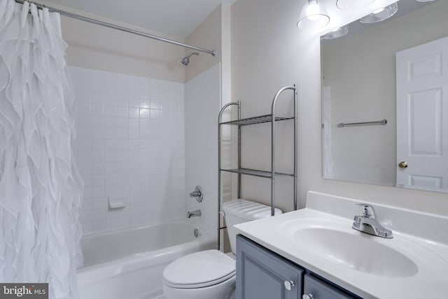 full bath with vanity, toilet, and shower / bathtub combination with curtain