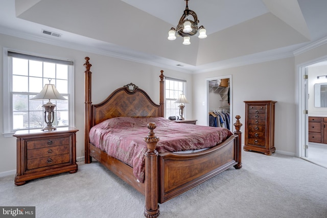 bedroom featuring a walk in closet, a raised ceiling, carpet floors, and a closet