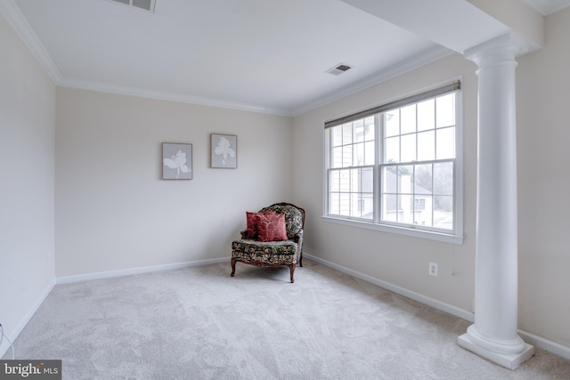 living area featuring visible vents, carpet flooring, crown molding, baseboards, and ornate columns