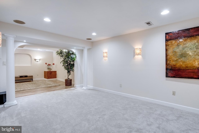 interior space with visible vents, recessed lighting, ornate columns, and carpet floors