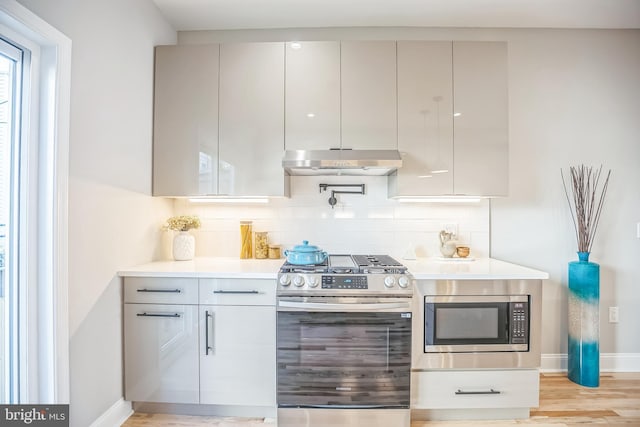 kitchen featuring tasteful backsplash, light hardwood / wood-style floors, and appliances with stainless steel finishes