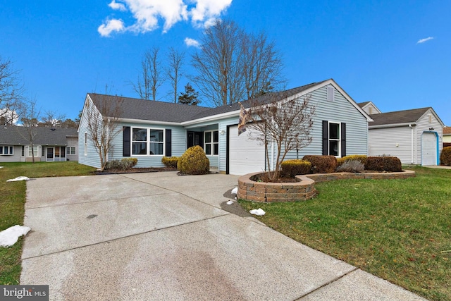 single story home with a front lawn and a garage