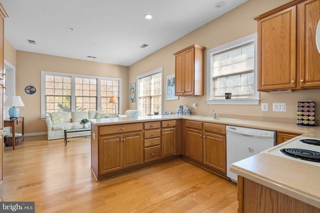 kitchen featuring a healthy amount of sunlight, white dishwasher, kitchen peninsula, and light hardwood / wood-style flooring